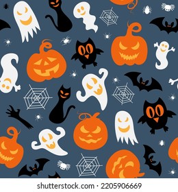 Seamless vector pattern for Halloween design. Halloween symbols: ghost, bat, pumpkin in cartoon style. Vector Illustration.