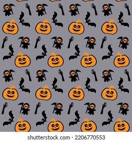 Seamless vector pattern for Halloween design. Halloween symbols: pumpkin, bat and death in cartoon style. Vector Illustration.