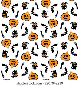 Seamless vector pattern for Halloween design. Halloween symbols: pumpkin, bat and death in cartoon style. Vector Illustration.