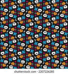 Seamless vector pattern for Halloween design. Halloween symbols: ghost, bat, pumpkin in cartoon style. Vector Illustration.