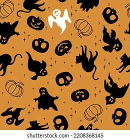 Seamless vector pattern for Halloween design. Halloween symbols: pumpkin, ghost, cats and skull in cartoon style. 