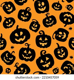 Seamless vector pattern for Halloween design. Halloween symbols pumpkin in cartoon style. Vector Illustration.