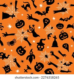 Seamless vector pattern for Halloween design. Halloween symbols: ghost, bat, pumpkin in cartoon style. Vector Illustration.