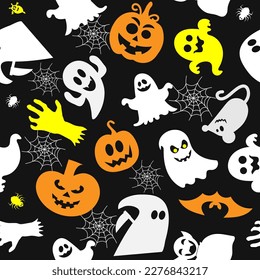 Seamless vector pattern for Halloween design. Halloween symbols: pumpkin, ghost, spider in cartoon style. Vector Illustration.