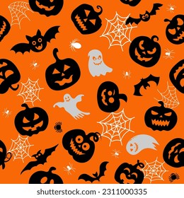 Seamless vector pattern for Halloween design. Halloween symbols: ghost, bat, pumpkin in cartoon style. Vector Illustration.