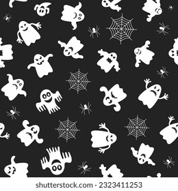 Seamless vector pattern for Halloween design. Halloween symbols: ghost, spider in cartoon style. Vector Illustration.