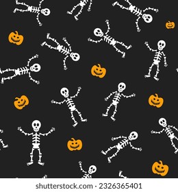 Seamless vector pattern for Halloween design. Halloween symbols: skeleton, pumpkin in cartoon style. Vector Illustration