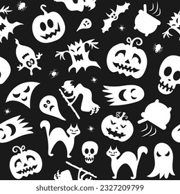 Seamless vector pattern for Halloween design. Halloween symbols: ghost, bat, pumpkin in cartoon style. Vector Illustration.
