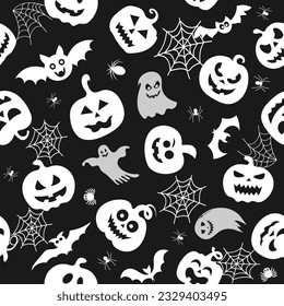 Seamless vector pattern for Halloween design. Halloween symbols: ghost, bat, pumpkin in cartoon style. Vector Illustration.