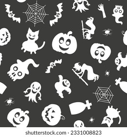 Seamless vector pattern for Halloween design. Halloween symbols: pumpkin, spider, ghost, bat in cartoon style. Vector Illustration.