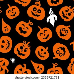 Seamless vector pattern for Halloween design. Halloween symbols: pumpkin, spider, ghost in cartoon style. Vector Illustration