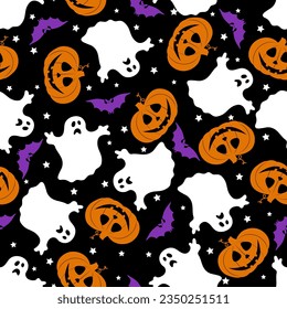 Seamless vector pattern for Halloween design. Halloween symbols: ghost, bat, pumpkin and star in cartoon style. 