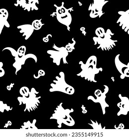 Seamless vector pattern for Halloween design. Halloween symbols ghost in cartoon style. Vector Illustration.