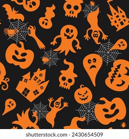 Seamless vector pattern for Halloween design. Halloween symbols: ghost, bat, pumpkin in cartoon style. Vector Illustration.