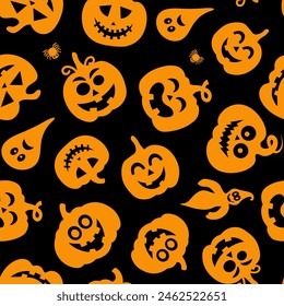 Seamless vector pattern for Halloween design. Halloween symbols: pumpkin, spider, ghost in cartoon style. Vector Illustration