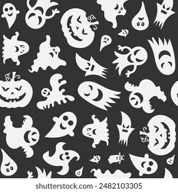 Seamless vector pattern for Halloween design. Halloween symbols: ghost, pumpkin in cartoon style. Vector Illustration.
