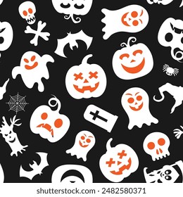 Seamless vector pattern for Halloween design. Halloween symbols: ghost, bat, pumpkin in cartoon style. Vector Illustration.