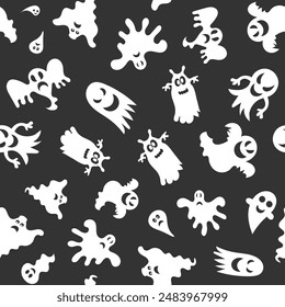 Seamless vector pattern for Halloween design. Halloween symbols ghost in cartoon style. Vector Illustration.