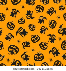 Seamless vector pattern for Halloween design. Halloween symbols: pumpkin, spider, death in cartoon style. Vector Illustration