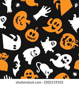 Seamless vector pattern for Halloween design. Halloween symbols: pumpkin, ghost, spider in cartoon style. Vector Illustration.