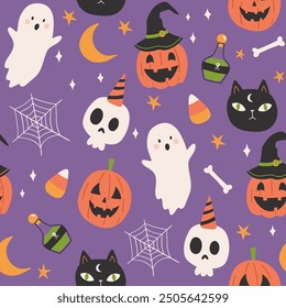 Seamless vector pattern for Halloween design with ghost, cats, pumpkin, hats, skull  on violet background. Vector illustration of Halloween party. For fabric, textile, wrapping paper, gift wrapping