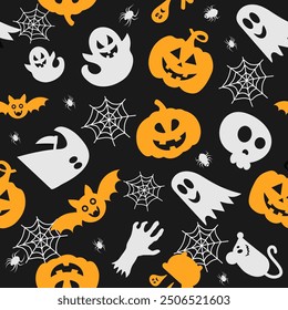 Seamless vector pattern for Halloween design. Halloween symbols: ghost, bat, pumpkin in cartoon style. Vector Illustration.