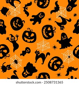 Padrão de vetor perfeito para o design de Halloween. Halloween símbolos fantasma, morcego, abóbora em estilo cartoon. Ilustração de vetor.