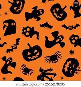Seamless vector pattern for Halloween design. Halloween symbols: ghost, bat, pumpkin in cartoon style. Vector Illustration.