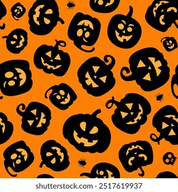 Seamless vector pattern for Halloween design. Halloween symbols pumpkin in cartoon style. Vector Illustration.