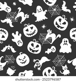 Seamless vector pattern for Halloween design. Halloween symbols: ghost, bat, pumpkin in cartoon style. Vector Illustration.