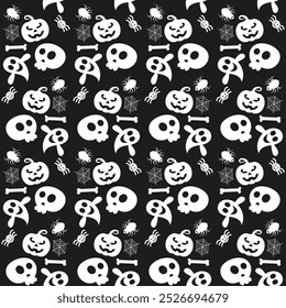 Seamless vector pattern for Halloween design. Halloween symbols: ghost, bat, pumpkin in cartoon style. Vector Illustration.