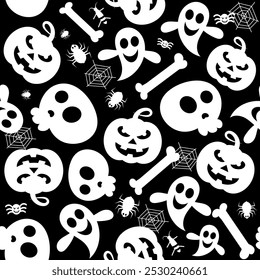 Seamless vector pattern for Halloween design. Halloween symbols ghost, bat, pumpkin in cartoon style. Vector Illustration.