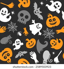 Seamless vector pattern for Halloween design. Halloween symbols: pumpkin, ghost, spider in cartoon style. Vector Illustration.