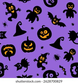 Seamless vector pattern for Halloween design. Halloween symbols: ghost, spider in cartoon style. Vector Illustration	.