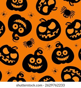 Seamless vector pattern for Halloween design. Halloween symbols pumpkin in cartoon style. Vector Illustration.
