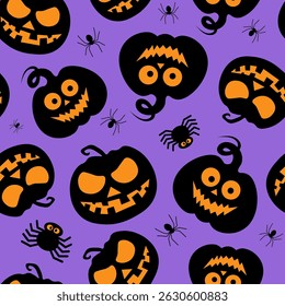 Seamless vector pattern for Halloween design. Halloween symbols pumpkin in cartoon style. Vector Illustration.