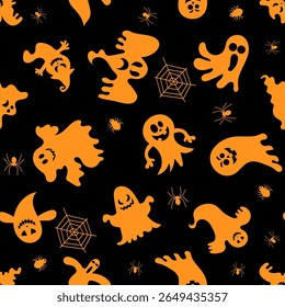 Seamless vector pattern for Halloween design. Halloween symbols: ghost, spider in cartoon style. Vector Illustration.