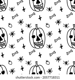 Seamless vector pattern for Halloween in doodle style with black line on transparent background.Horror,vampires,blood,candy hand drawn print.Design for textile,fabric,wrapping paper,scrapbook paper.