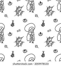 Patrón vectorial sin fisuras para Halloween en estilo doodle con línea negra sobre fondo transparente.Horror, vampiros, sangre, caramelos dibujados a mano.Diseño para textiles, tela, papel envolvente, papel de scrapbook.