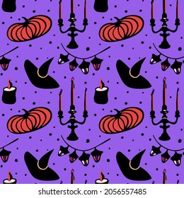 Seamless vector pattern with Halloween elements and colors. Wallpaper, scrapbooking, textie and other surface design. 