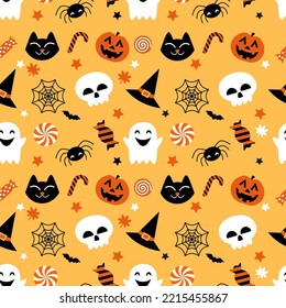 
Seamless vector pattern for halloween festival theme concept Illustration. Symbols: ghost, bat, pumpkin, skull, candy, spider, web, witch hat, star in cartoon style on yellow background, wallpaper.