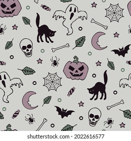 Seamless vector pattern with Halloween ghost and pumpkin on grey background. Simple scary cat wallpaper design Decorative horror season fashion textile.