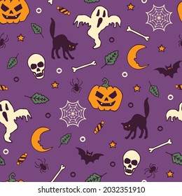 Seamless vector pattern with Halloween ghost and pumpkin on bright purple background. Simple hand drawn scary night wallpaper design. Decorative autumn fashion textile.