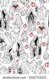 Seamless vector pattern for Halloween. Ghosts and deaths