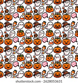 Seamless vector pattern Halloween, ghosts, pumpkin etc Great for Halloween prints, kids’ items, and party themes.