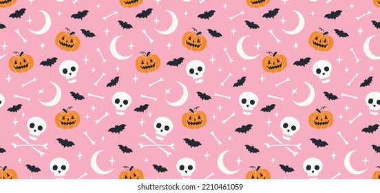 Seamless Vector Pattern with Halloween Hand Drawn Elements on Pink Background. Cute Repeatable Design. Great for Textile, Fabric Prints, Wrapping Paper, Social Media Posts, Banners, Cards, Vouchers.