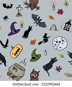 Seamless vector pattern of halloween hand-drawn doodles - pumpkin, cat, spider, candles, crow, bat, thombstone, cross, vintage lamp, leaves, witch, witch hat, owl, moon, cauldron