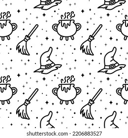 Seamless vector pattern with Halloween hat, broom, cauldron. For fabric, paper, wrap, textile, poster, scrapbooking, wallpaper or background, for web site or mobile app.