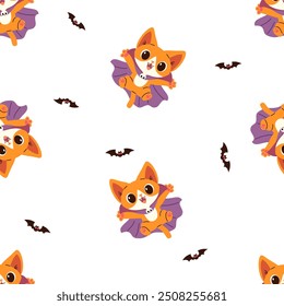 Seamless vector pattern for the Halloween holiday. Cute kitten in dracula costume, bats 