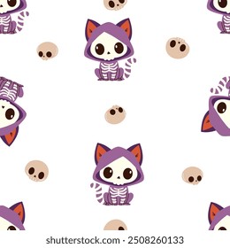 Seamless vector pattern for the Halloween holiday. Cute kitten in skeleton, skull costume